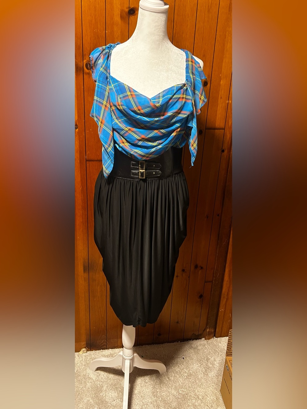 Vtg Blue Plaid Dress with Black Skirt and Wide Double-Buckle Belt size L